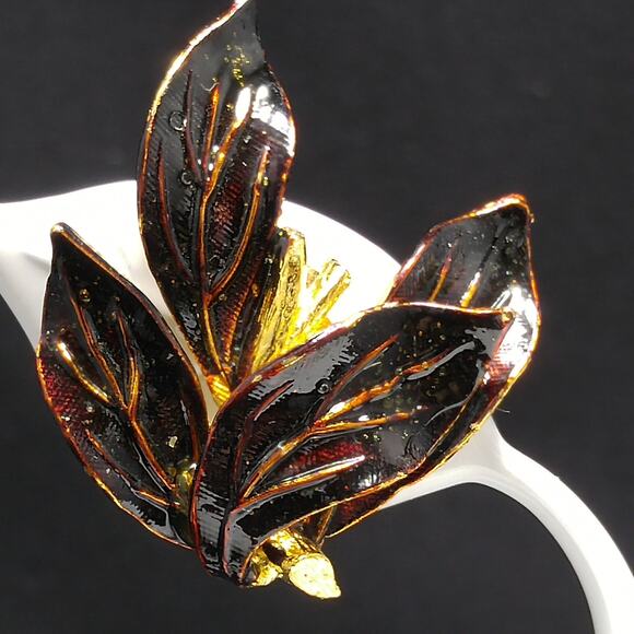 Vintage Brown Enamel Floral Brooch Clip Earrings, Gold Plated, 1960s - Picture 4 of 10